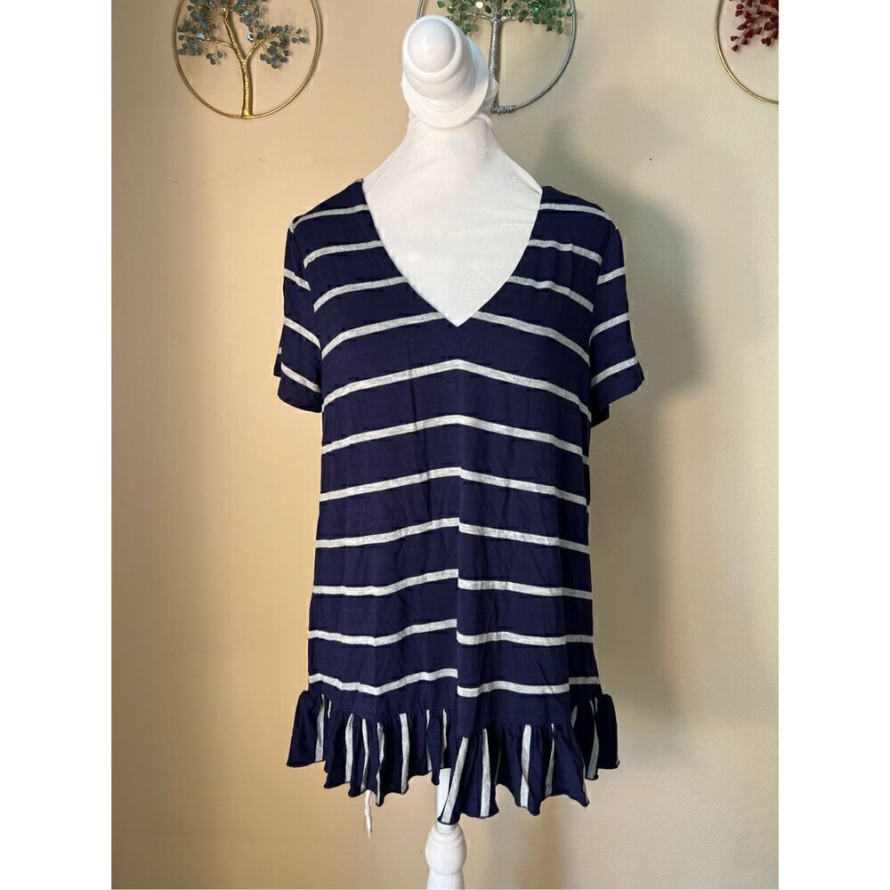 NWT! Chaser Navy Blue Gray Stripe Strappy Double V Peplum Cool Jersey Tee Medium